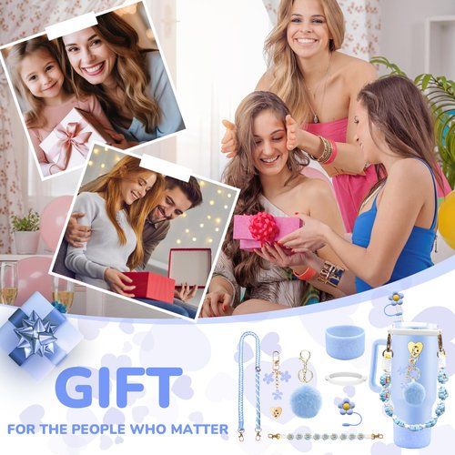 Stanley Cup Accessories Set Including Adjustable Water Bottle Shoulder & Handle Strap, Glitter Silicone Protective Boot, Silicone Straw Topper Cover, Cute Charms for Stanley 30oz 40oz Tumbler (Blue)
