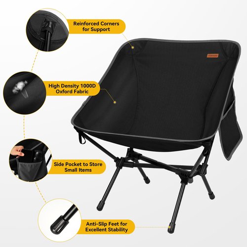TOBTOS Ultralight Camping Chair, Portable Folding Backpacking Chair, Compact Camping Chair with Carry Bag for Outdoor Camp Hiking Backpack Beach Travel (Black)