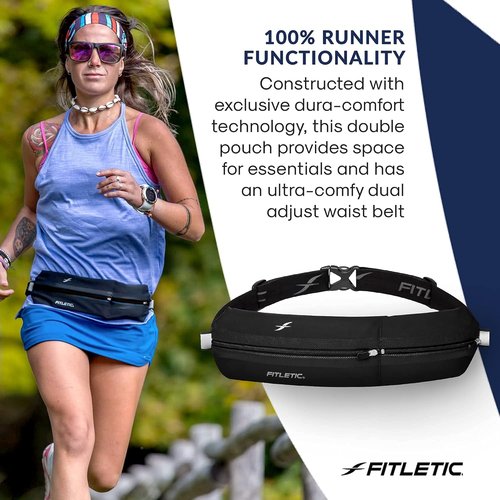 Fitletic Bolt Double Pocket Running Belt & Active Fanny Pack For Men & Women – Water Resistant, Lightweight Sleek Design – Patented No Bounce Hip Hugging Fit – Holds Any Phone
