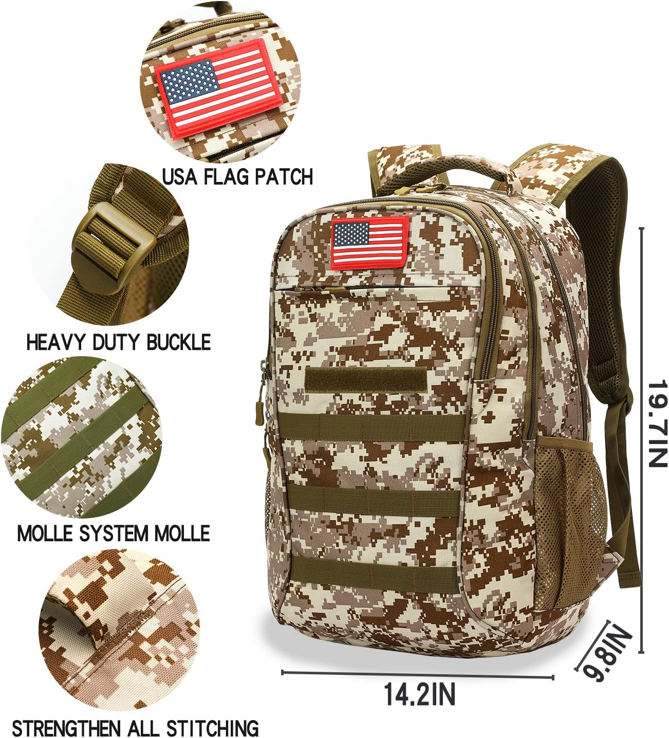 outdoor plus Camo Backpack,Military Boys Backpacks for School,40L Army Bookbag with USB Charging Port Waterproof