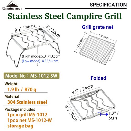 CAMPINGMOON Folding Campfire Grill with Cooking Grid Grate 9.5"x7.9" 304 Stainless Steel Camping Grill MS-1012-SW