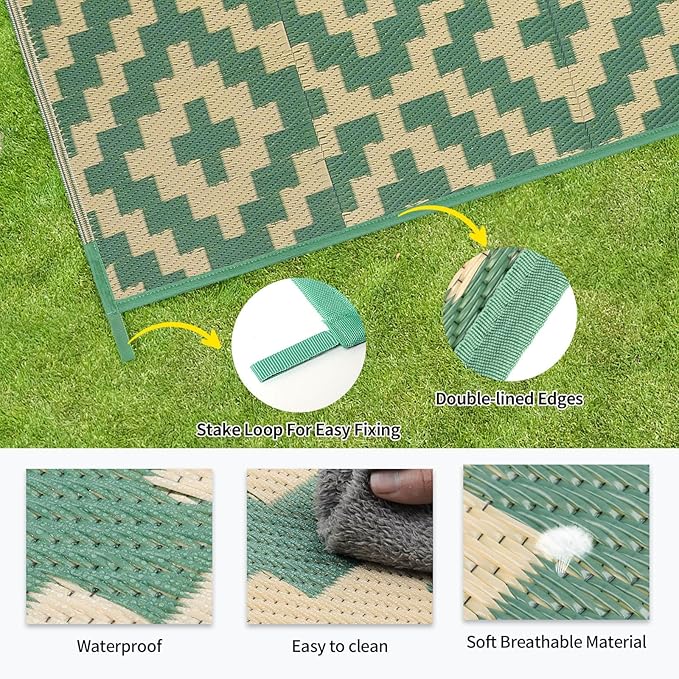 Outdoor Patio Plastic Straw Rug - 5'x8' Outdoor Camping Rug Waterproof Reversible, Area Carpet Patios Clearance RV, Outside Porch Balcony Deck for Camper, Green & Yellow