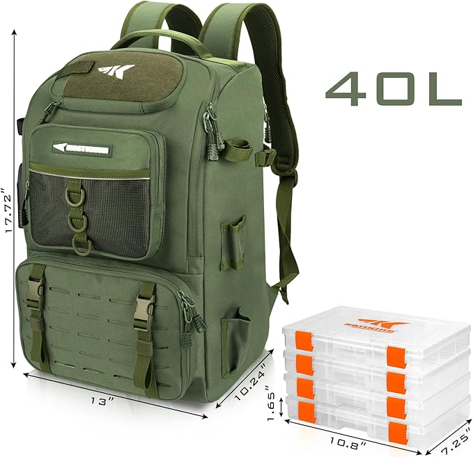 KastKing Karryall Fishing Tackle Backpack with Rod Holders 4 Tackle Boxes,40L Fishing Bag Storage Fishing Gear and Equipment