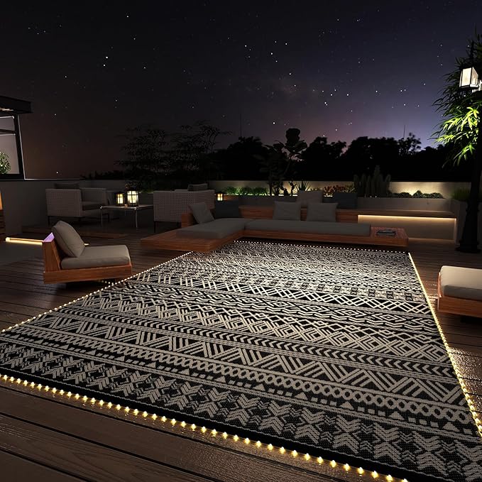 MontVoo-Outdoor Rug Carpet 9x12 ft for Patio RV Camping with Led Strip Lights Waterproof Plastic Straw Rug Reversible Portable Outside Indoor Outdoor Rug Mat for Patio Decor Balcony Picnic-Boho Rug