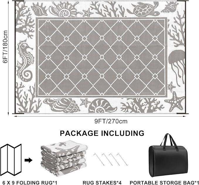 Vaukki Reversible Rugs, Plastic Straw Outdoor Doormat, Fade Resistant Plastic Outdoor Patio Mat, Lightweight Ocean Area Carpet for Patio, RV, Camping, Beach, Deck, Backyard and Picnic (Grey, 6'x9')
