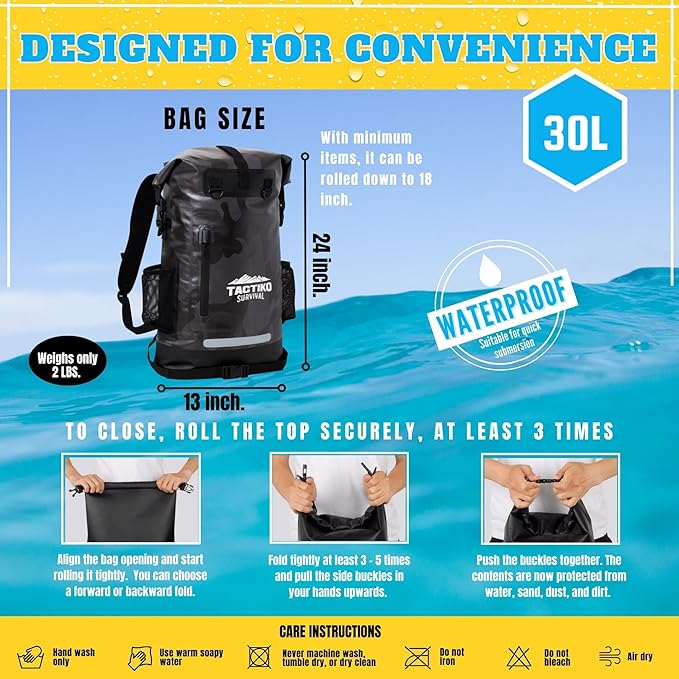 TACTIKO 30L Heavy-Duty 100% Waterproof Backpack, Roll Top Dry Bags for Kayaking, Hiking, Camping, Survival