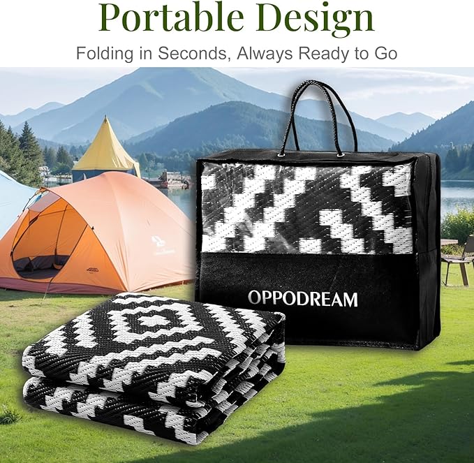 OPPODREAM Outdoor Rug 8x10 Patio Waterproof, Large Outdoor Plastic Straw Rug, Reversible Out Door Carpet for Camping, Deck, Rv, 8 x 10 Area Carpet for Balcony, Porch, Backyard, Black and White