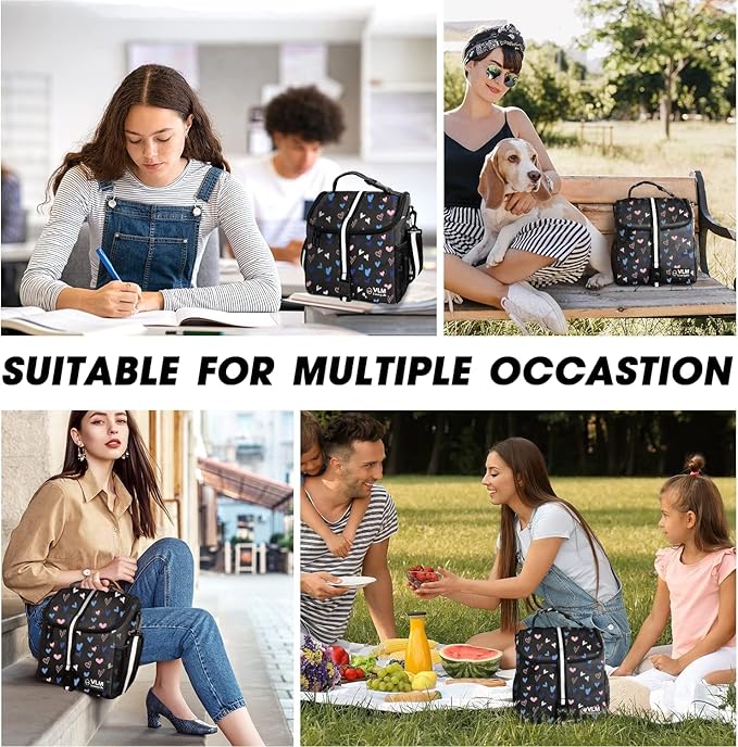 VLM Lunch Box for Women, Insulated Lunch Bag Women with Adjustable Shoulder Strap, Cute Lunch Tote Bag for Work,Picnic,Camping