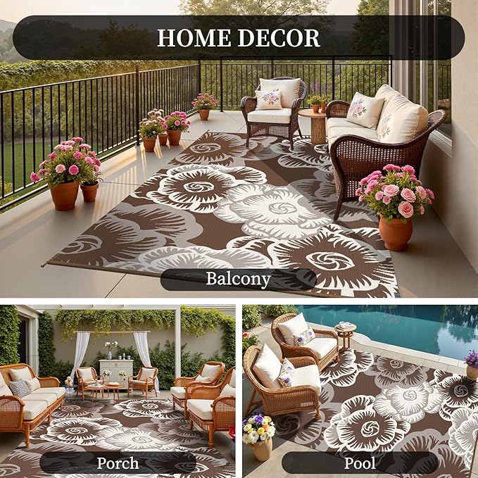 MontVoo Outdoor Rug-Waterproof Patio Rug Mat 5x8 Outdoor Carpet Mat Reversible Plastic Straw Outside Outdoor Rug for RV Camping Picnic Beach Balcony Backyard Pool Deck Farmhouse Floral Beige Brown