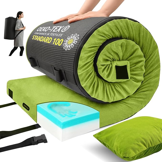 Memory Foam Camping Mattress pad, Comfortable Thick Floor Sleeping Mat for Adults with Waterproof and Non-Slip Bottom, Portable Roll Up Mattress for Sleepover Guest,Cot Mad for Car Camping
