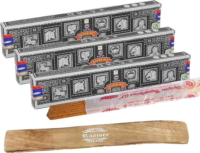 Satya Super Hit Incense Sticks, Satya sai Baba Insenses 15gmx3 (45 gm) Pack with Raajsee Incense Holder Bundle, Satya Nag Champa Natural Incense