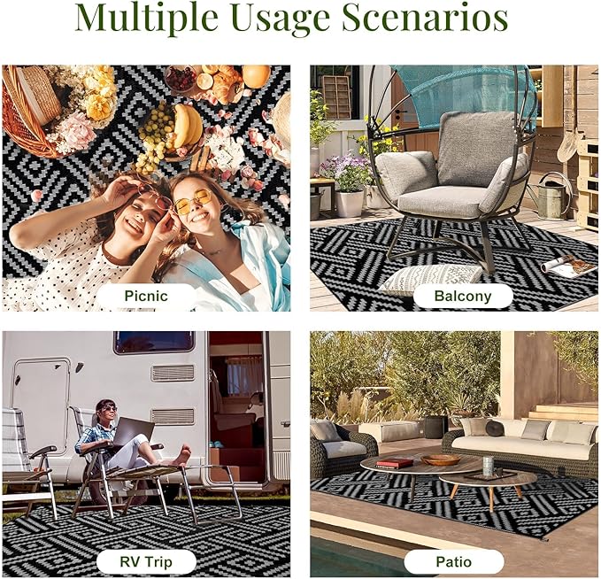 OPPODREAM Outdoor Rug 6x9 Ft, Waterproof Outdoor Plastic Straw Rug for Patio, Reversible Out Door Carpet for Camping, Deck, Rv, 6 x 9 Area Carpet for Balcony, Porch, Backyard, Black and Beige
