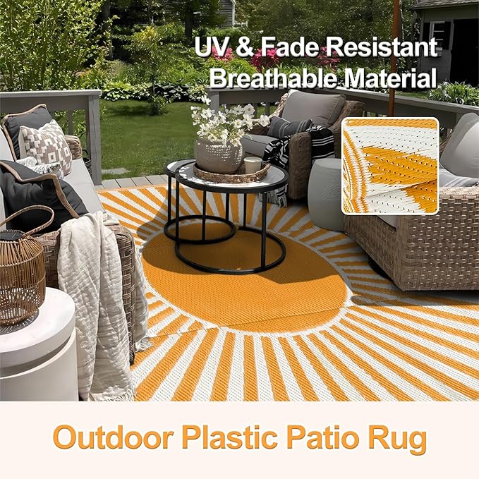 Wonnitar 5x8 Waterproof Outdoor Rug - Reversible Plastic Straw Camping Rug, Portable Outside Patio Carpet for Deck, Indoor Outdoor Mat for Backyard RV Camper Garden Picnic (Orange, 5'x8')