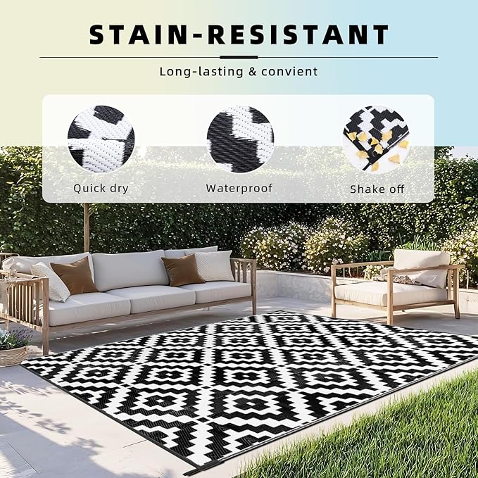 Favoyard Outdoor Rug 8x10 ft Waterproof Reversible Patio Plastic Straw Rugs for Decor Clearance Outside Large RV Camping Area Carpet Mat for Porch Deck Balcony Pool Backyard Picnic Beach Camper Door