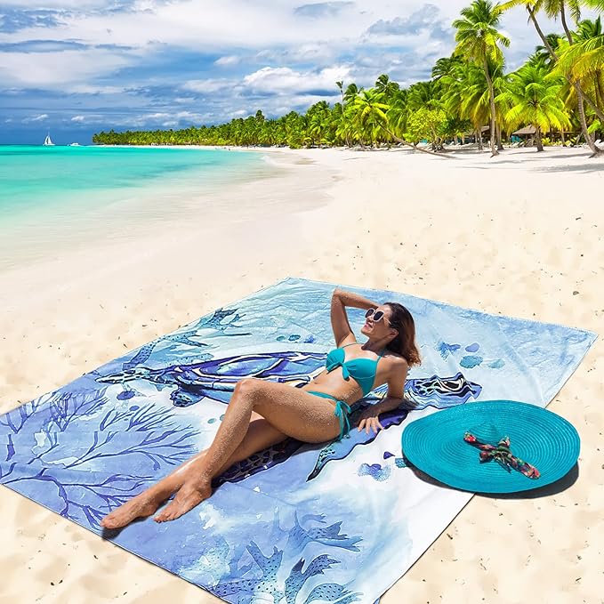 Beach Blanket, Sandproof Beach Mat, Waterproof Quick Drying Lightweight Outdoor Aztec Picnic Mat 79" X 83"/120"x108" for 2-8 Adults for Travel, Camping, Hiking