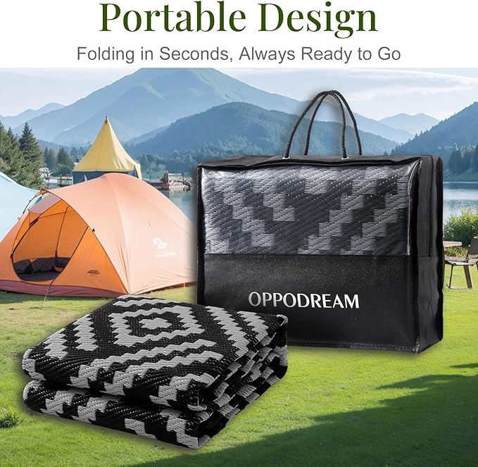 OPPODREAM Outdoor Rug 9x12 Patio Waterproof, Large Outdoor Plastic Straw Rug, Reversible Out Door Carpet for Camping, Deck, Rv, 9 x 12 Area Carpet for Balcony, Porch, Backyard, Black and Grey