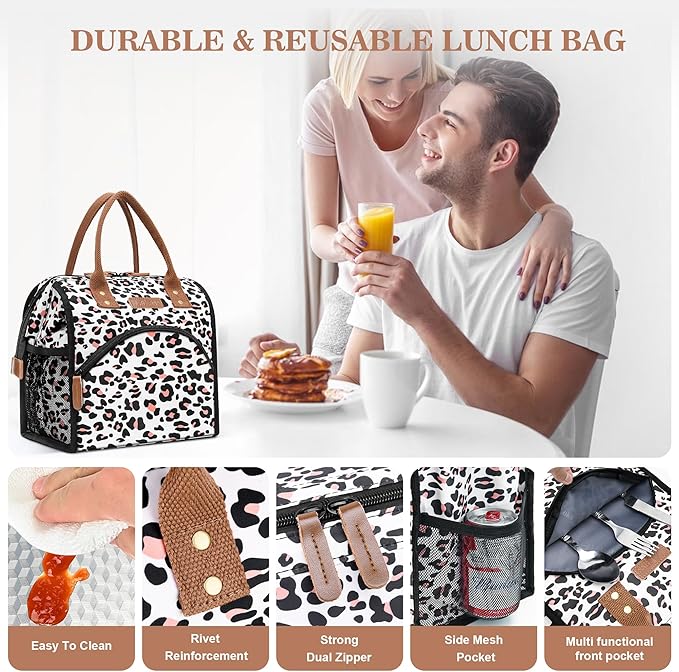 LOKASS Lunch Bag Women Insulated Lunch Box Wide-Open Lunch Tote Bag Large Cooler Bag for Work Picnic Hiking Beach Fishing（Leopard）