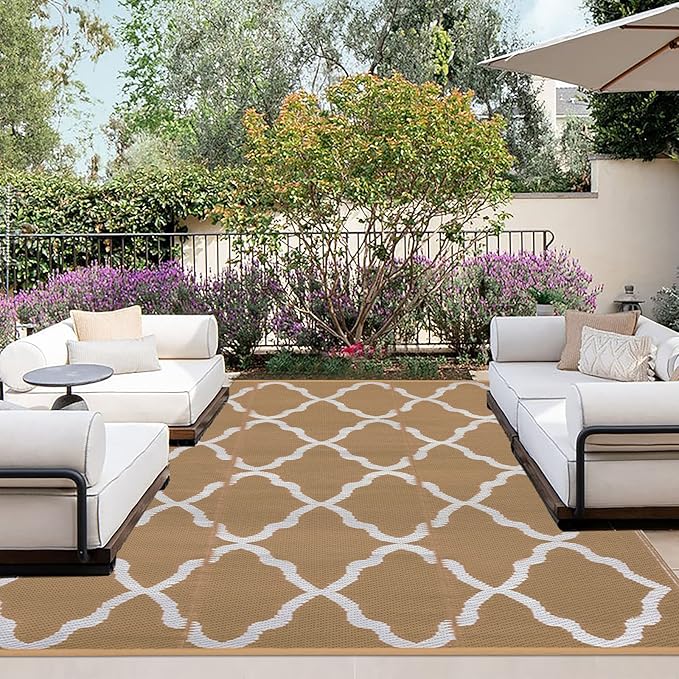 OutdoorLines Outdoor Plastic Area Rugs for Patio 5x8 ft - Reversible Outside Carpet, Stain & UV Resistant RV Mats, Straw Rug for Camping, Deck Garden, Porch and Balcony, Moroccan/Brown & Light Grey