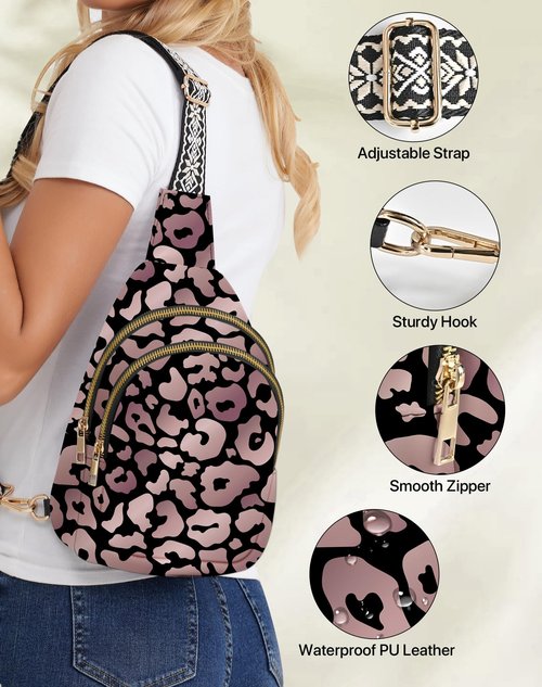 Yrebyou Leopard Print Small Sling Bag for Women Leather Sling Crossbody Bags Travel Chest Daypack Adjustable for Casual Outdoor