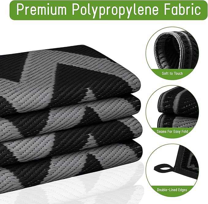 Easy-Going Reversible Outdoor Rugs 9x12ft Waterproof Plastic Straw Rug Stain & UV Resistant Floor Mat for Patio Porch RV Backyard Pool Deck Picnic Beach Trailer Camping (Waved Black & Grey)