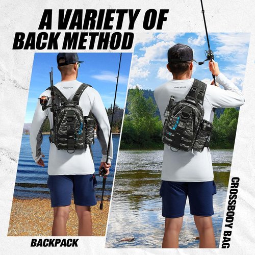 Piscifun Fishing Tackle Backpack with Rod & Gear Holder, Lightweight Outdoor Water-Resistant Fishing Shoulder Storage Bag, Black Camouflage