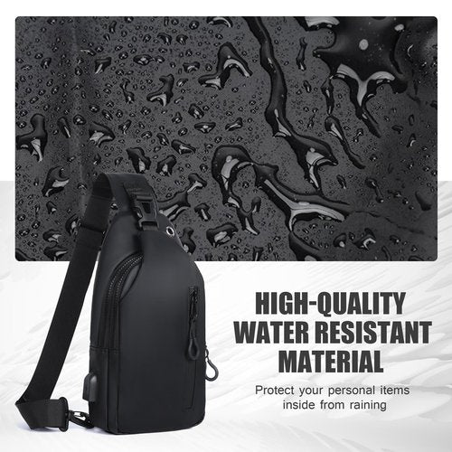 VALUEQLO Sling Bag for Men, Waterproof Chest Pack with USB Charging Port and Headphone Hole, Adjustable Left/Right Shoulder Crossbody Bag for Travel, Sport, Hiking, Running,Black