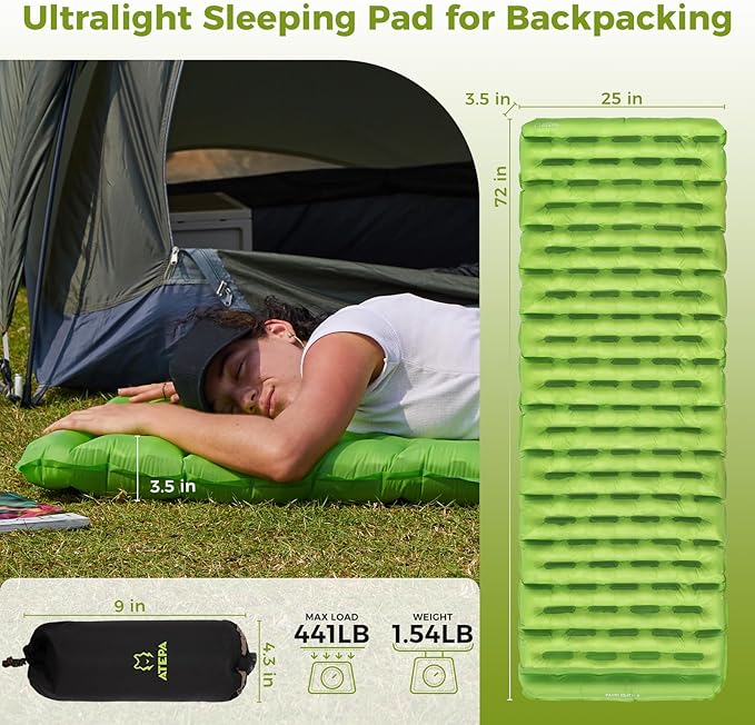 ATEPA Backpacking Sleeping Pad, 6 R-Value Insulated Ultralight Inflatable Sleeping Pad Thick Folding Camping Mattress with 7 Layers & Storage Bag for Camping Backpacking, Wide Long Size (72"x25")