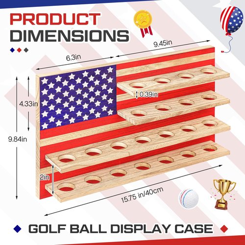 Threehoney Patriotic Golf Ball Holder Display Shelf for 22 Balls 16 x 10 Inch Wood Golf Ball Display Stand with American Flag Golf Lover's Gift for Christmas, No Door
