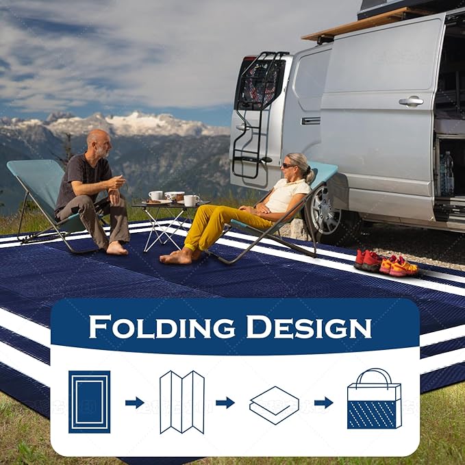 9'x 12' Outdoor Rug,Waterproof Reversible Patio Rugs,9x12 ft Plastic Straw Outdoor Carpet Foldable Plastic Camping Mat for Outside RV, Patio,Picnic,Camper,Balcony,Porch(Navy Blue &White)