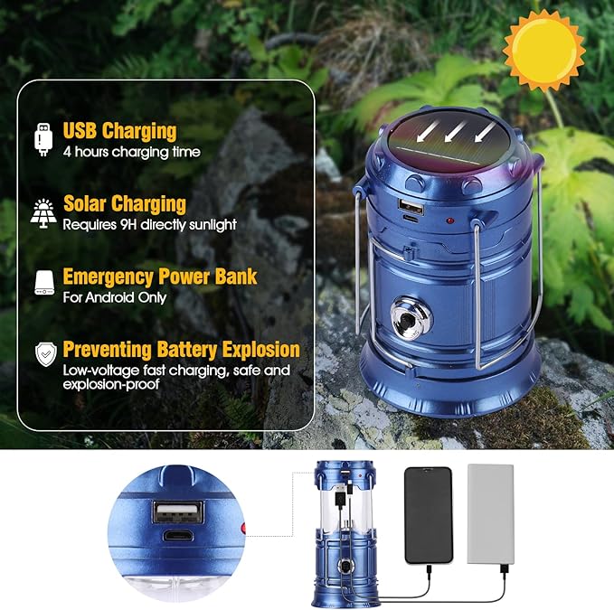 Solar Camping Lantern for Power Outages - USB Rechargeable Lamp Camping Essentials，Collapsible Waterproof Solar Lights for Indoor Outdoor Emergency Light/2 Packs/Blue