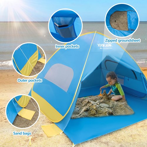 XIXIKANK 2 Second Easy Setup Pop Up Beach Tent for 4 Person,UPF 50+ UV Protection Beach Shade, Wind Resistant Sun Protection Sun Shelter,Portable Lightweight Tent for Beach Cabana with Handy Carry Bag