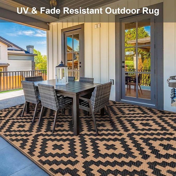 Outdoor Patio Plastic Straw Rug - 9'x18' Outdoor Camping Rug Waterproof Reversible, Area Carpet Patios Clearance RV, Outside Porch Balcony Deck for Camper, Black & Brown