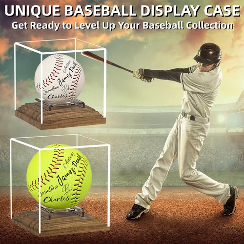 Baseball Case Display for Balls Walnut Wood Base Acrylic Baseball Display Case Baseball Holder Stand Cube Memorabilia Showcase Autograph Ball Protector for Official Size Ball Display