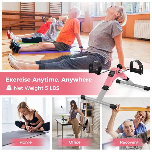 GYMAX Under Desk Bike Pedal Exerciser, Folding Mini Exercise Bike with LCD Display for Arms & Legs Workout, Portable Peddler Exerciser for Seniors Office Home Fitness (Pink)