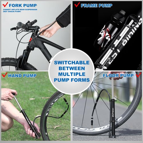 Hycline Mini Bike Pump with Gauge: 140 PSI Portable Bicycle Frame Pump for Road BMX MTB Tires - Aluminum Alloy Fork Pump for Presta Schrader Valves - Black
