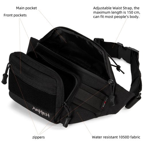 AMHEH 3.5L Military Tactical Fanny Pack | Molle, Quick Access, EDC, Hiking, Travel, Fit Most Men's Waist (Black)