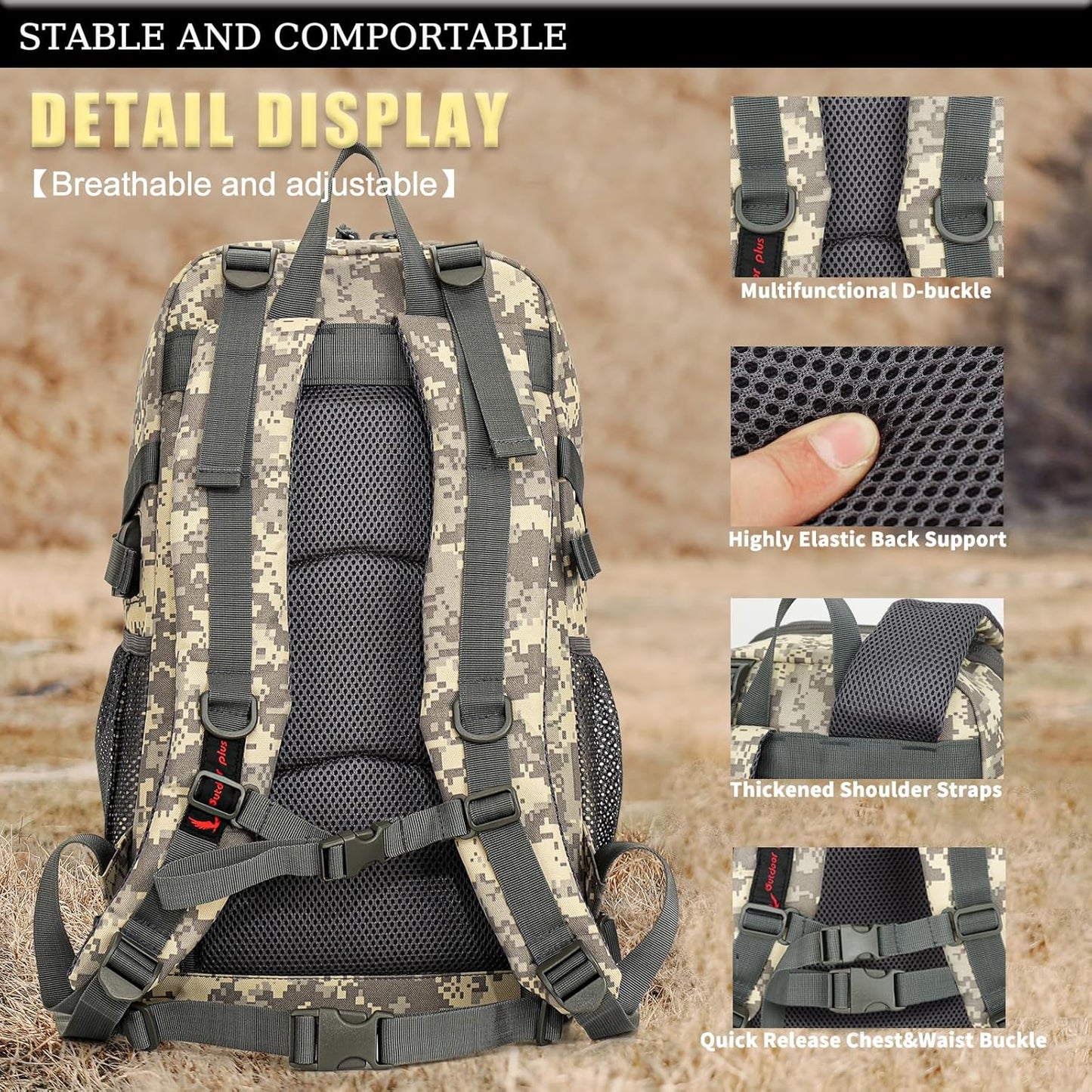 outdoor plus Camo Backpack,Military Boys Backpacks for School,40L Army Bookbag with USB Charging Port Waterproof