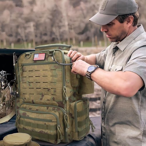 FunVZU Fishing Backpack, Fishing Tackle Backpack with Rod Holders for 4 Boxes (Box Not Included) 45L Waterproof Fishing Gear, Ideal for Men and Women Tackle Box Bag (Forest Green Camo)