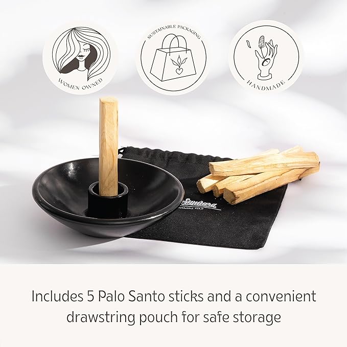 Luna Sundara Authentic Peru Pottery Palo Santo Stick Holder and Incense Holder Includes 5 Palo Santo Sticks Handmade Ceramic Smudge Bowl Sage Holder Palo Santo Holder (Black)