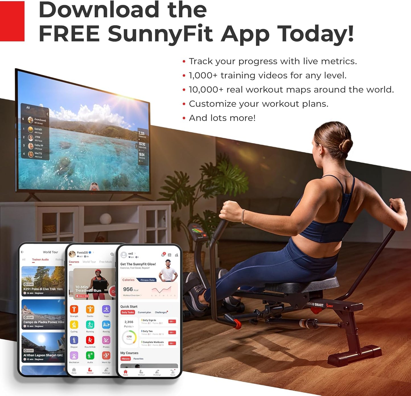 Sunny Health & Fitness Row-N-Ride Squat Assist Trainer, Foldable & Easy Setup Exercise w/Adjustable Resistance, Home Training Machine for Arm, Glute & Leg Workout, Optional Free SunnyFit App Connect