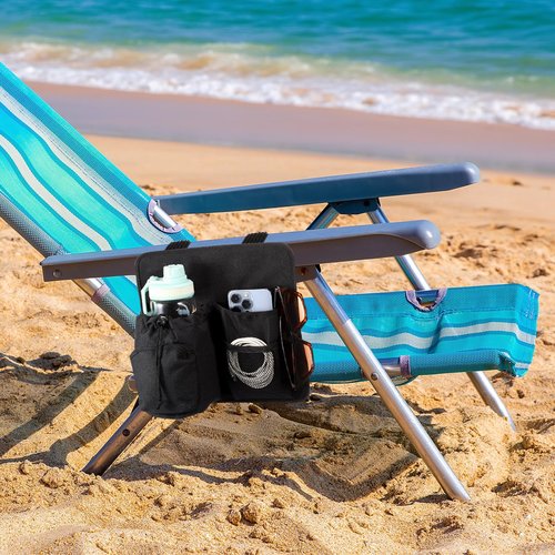 Cosblank Beach Chair Cup Holder Attachment Nylon Chair Drink Holder Phone Water Bottle Holder Organizer 4 Pockets with 2 Self Adhesive Strap for Patio Lounger, Foldable Camping Chair(Black)