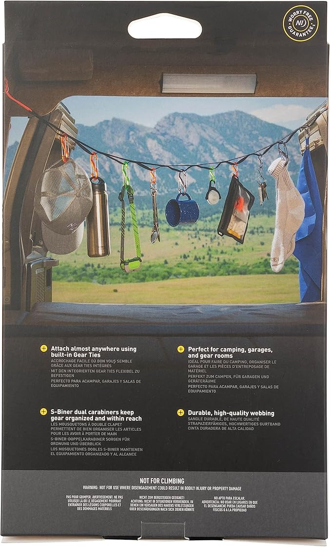 Nite Ize GearLine Hanging Organization System - Gear Ties for Camping, Hiking & Outdoor Activities - Webbing Line with S-Biner Clips & Bendable Gear Ties - Camping Gear Organization - Multicolor