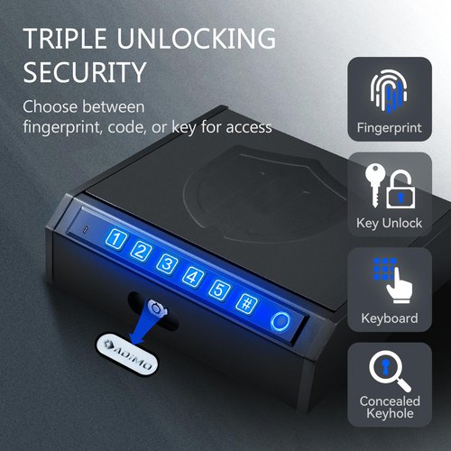 ADIMO Biometric Gun Safe for Handguns, Quick Access Fingerprint Pistol Safe with Backlit Keypad & Keys, Silent Mode, Fits 1 Full-Size or 2 Compact Pistols, for Nightstand, Car or Drawer Use