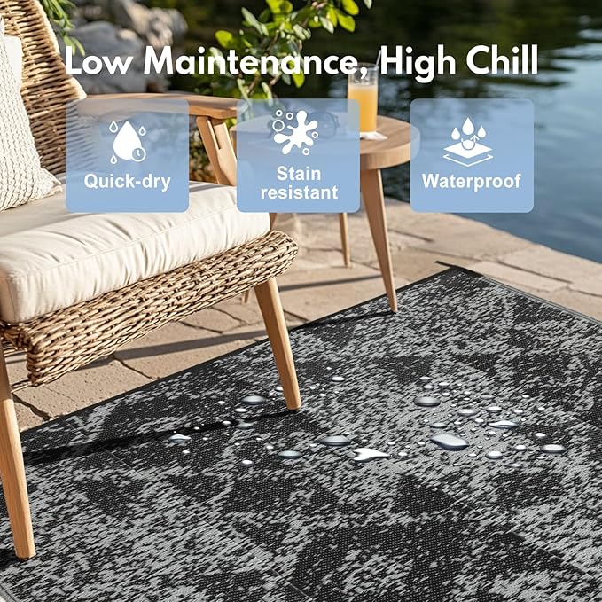 Waterproof Outdoor Rug 9x12 ft, Reversible Plastic Straw Rug, Easy to Clean Patio Rug, Portable Carpet for Patio, RV, Deck, Balcony, Backyard, Picnic, Beach, Mosaic, Gray