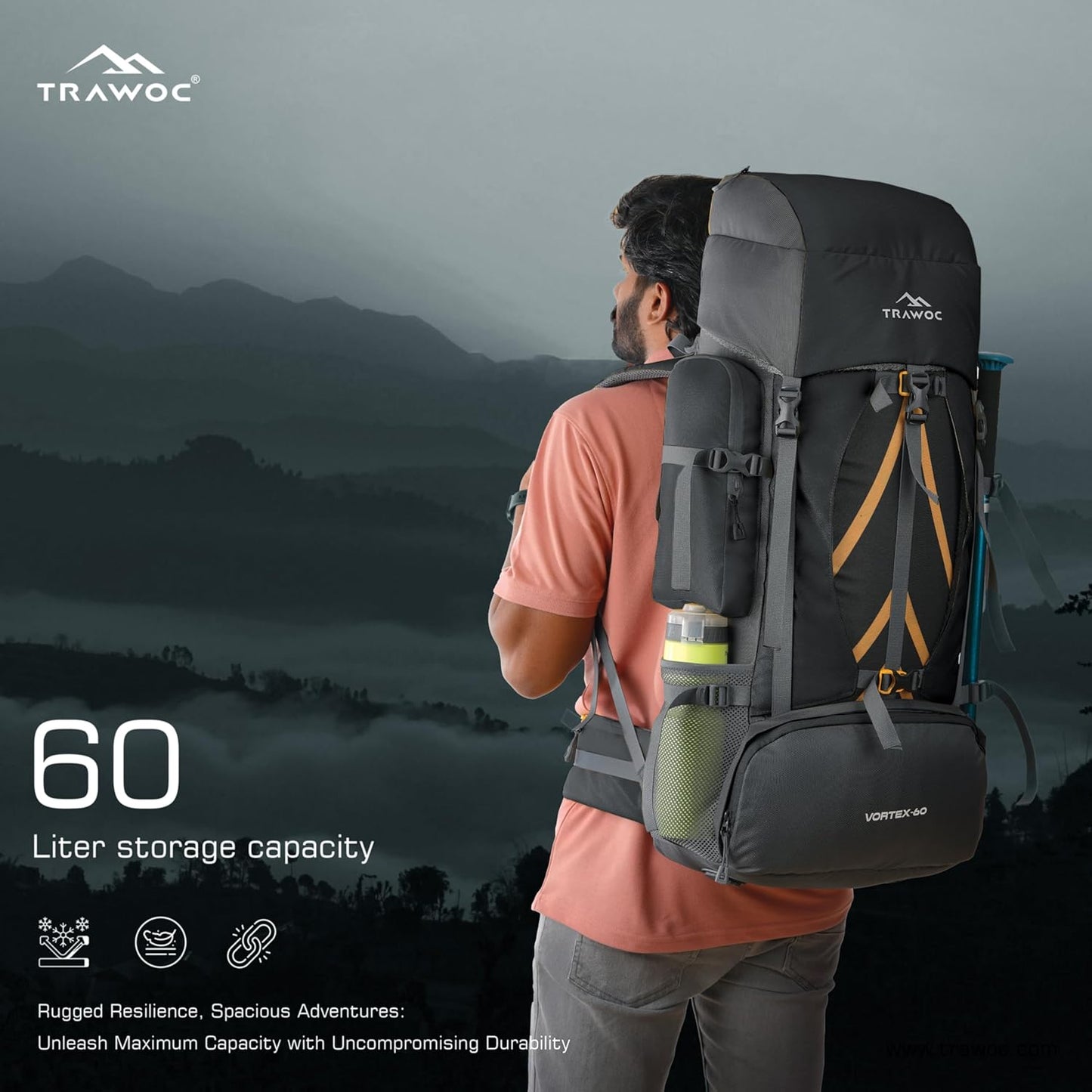 VORTEX 60L Travel Backpack - Hiking, Trekking Rucksack for Men & Women - HK004 - Black