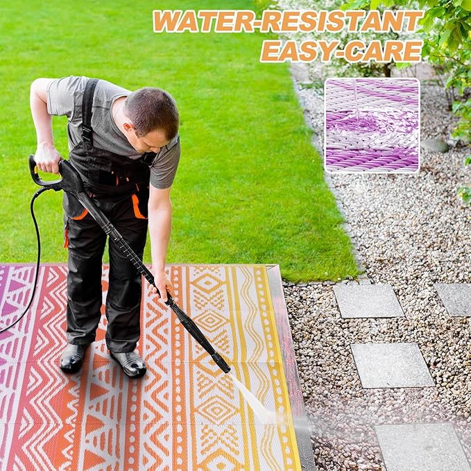 Lahome Outdoor Plastic Straw Rug, Reversible Outdoor Rug Waterproof 9x12 Rugs for Patio, RV Camping Rug Picnic Mat Outside Large Carpet for Beach Deck Backyard Balcony(Orange/Purple,9'x 12')