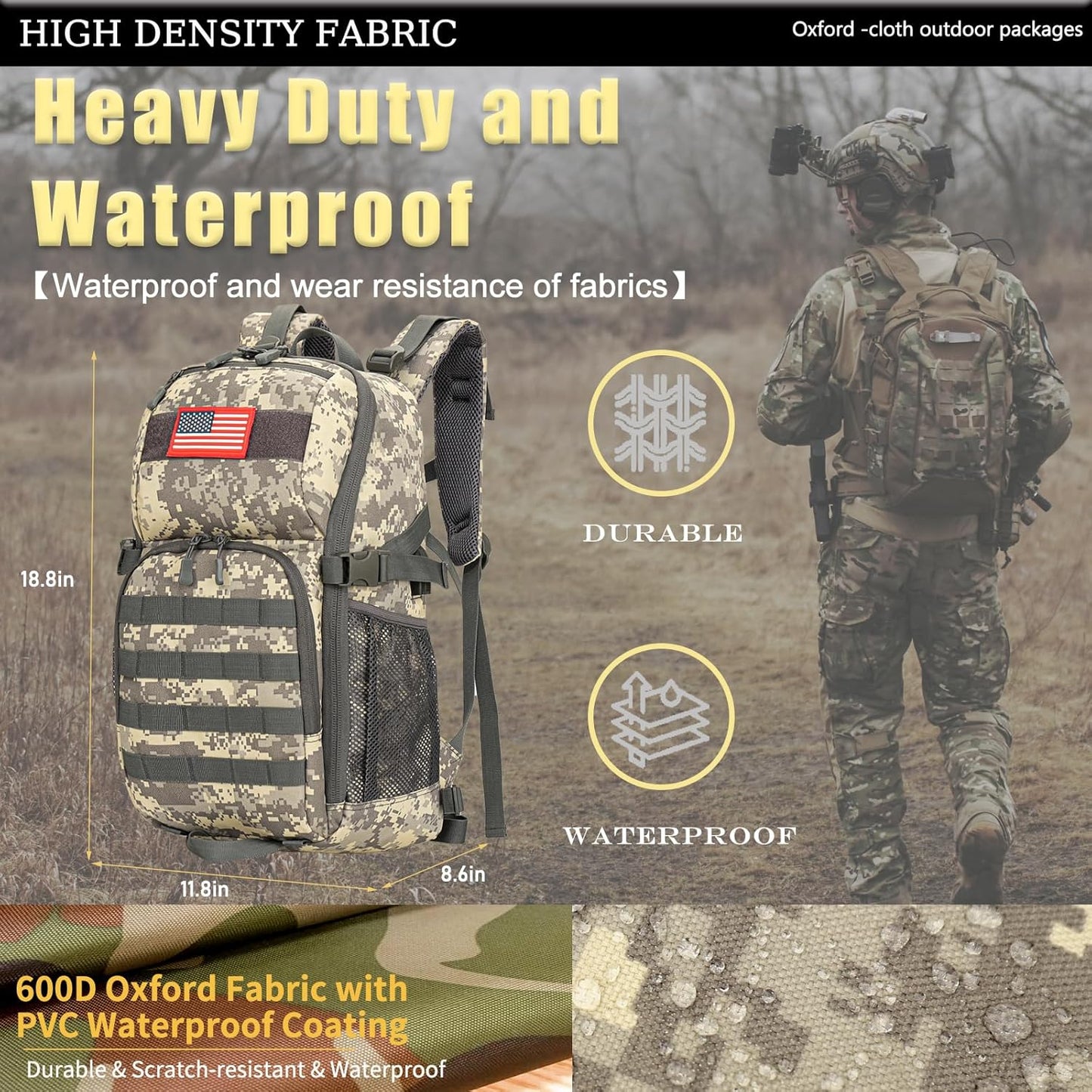 outdoor plus Camo Backpack,Military Boys Backpacks for School,40L Army Bookbag with USB Charging Port Waterproof