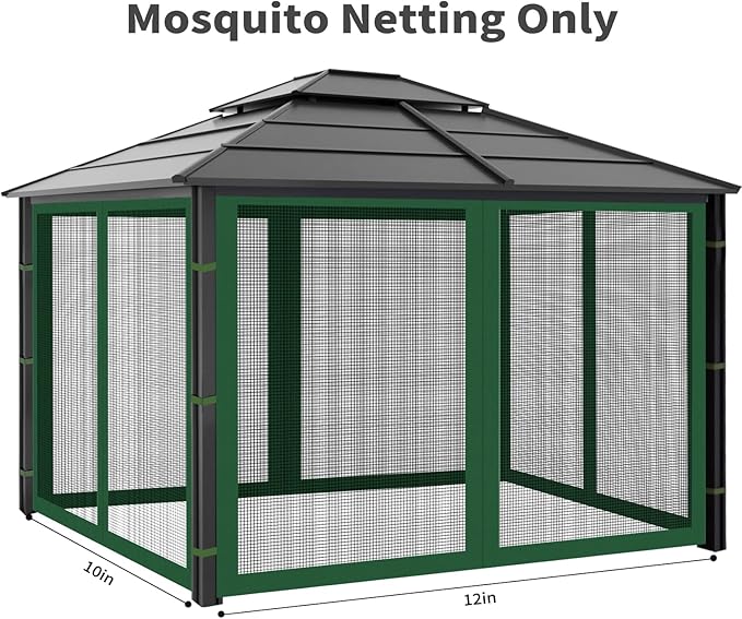 Gazebo Replacement Mosquito Netting Outdoor Universal Gazebo Canopy 4-Panels Screen Sidewalls with Zipper for Patio Garden (Green, 10x12)