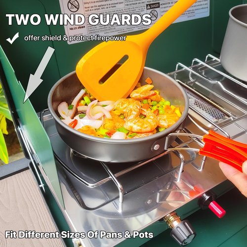 MOZODAWN 2 Burner Propane Camping Stove, 20400 BTU Portable Camp Stove Grill with Wind Guards, Bread Toast Tray, Push-Button Instant Ignition, Camping, Picnics, Backyard BBQ