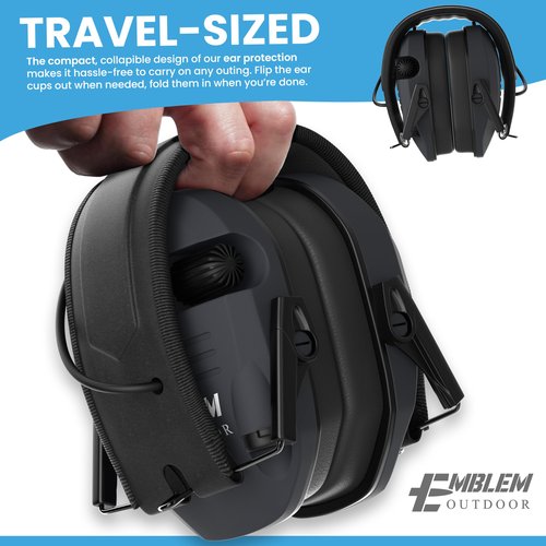 Emblem Outdoor Shield Pro Electronic Shooting Ear Protection for Gun Range | NRR 23dB | 4X Sound Amplification. Adult and Kid Hearing Protection Earmuffs for Noise Cancellation - Black
